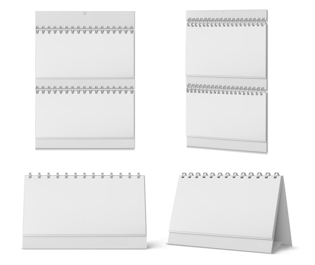 Calendários de mesa e parede com espiral e páginas em branco isoladas no fundo branco. maquete realista de calendário de papel branco, planejador de escritório ou bloco de notas em pé na mesa ou pendurado na parede