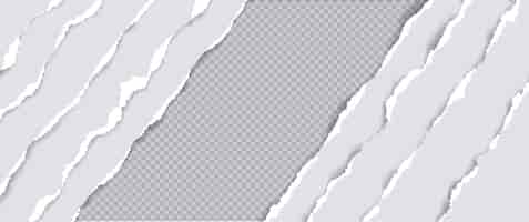 Vetor grátis camadas de tiras de papel rasgadas com fundo transparente no meio bandeira vetorial realista com listras diagonais de caderno ou folhas de papelão com bordas quebradas e rasgadas fronteira de restos de lágrimas