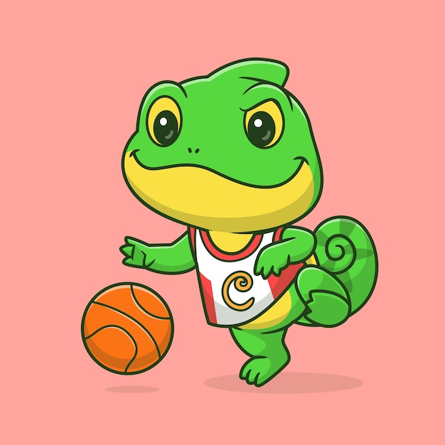 Vetor grátis camaleão bonito jogando basquete desenho animado ícone vetorial ilustração ícone de esporte animal isolado plano