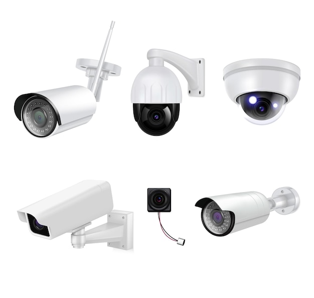 Vetor grátis câmeras de segurança de vigilância por vídeo brancas isoladas e conjunto de ícones realistas para diferentes fins ilustração vetorial