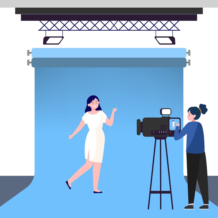 Vetor grátis camerawoman trabalhando com modelo em estúdio