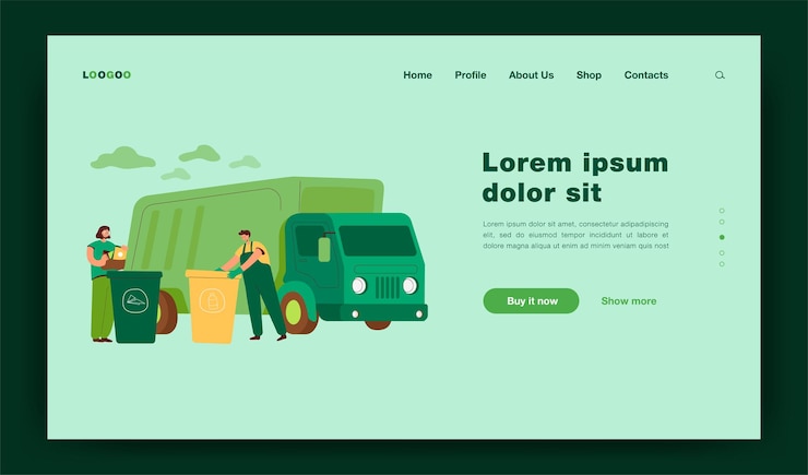 Vetor grátis caminhão de lixo chegando para levar contêineres de descarte com resíduos e lixo. homens separando lixo e lixo em latas e lixeiras. ilustração para reciclagem, página de destino do conceito de meio ambiente
