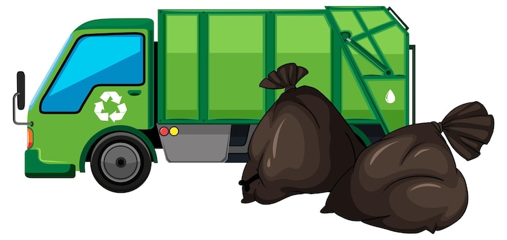 Vetor grátis caminhão de lixo na cor verde com saco de lixo