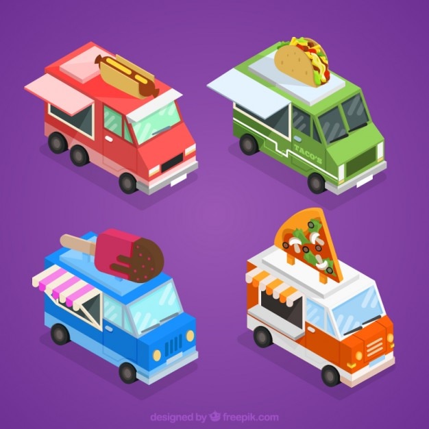 Vetor grátis caminhões bonito alimentares com variedade de alimentos