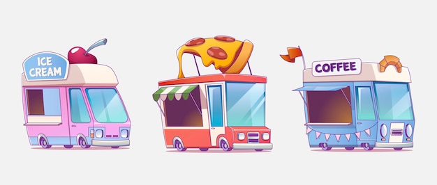 Caminhões de comida de rua com pizza de café e sorvete cartoon ilustração vetorial de carro bonito e van com tendas e quiosques de varejo ao lado para vender fastfood festival lanche mercado e café sobre rodas