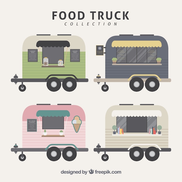 Vetor grátis caminhões de comida plana com estilo vintage