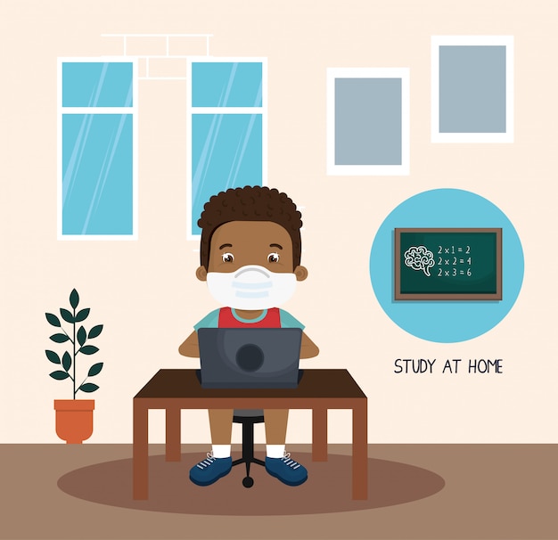 Vetor grátis campanha de ficar em casa com menino afro estudando design ilustração online