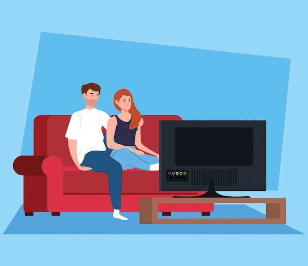Vetor grátis campanha ficar em casa com o casal assistindo tv
