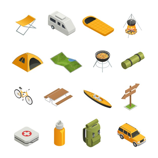 Camping Caminhadas Isometric Icon Set