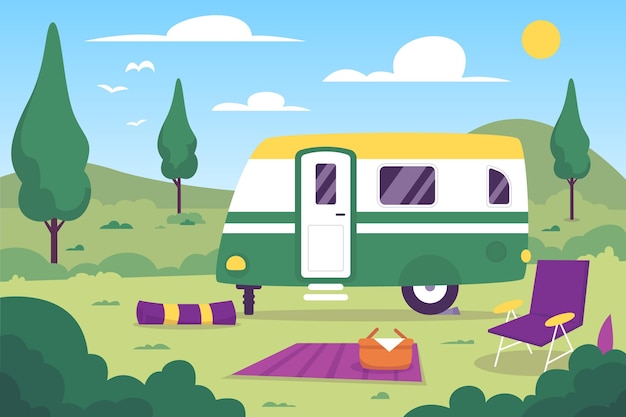 Vetor grátis camping com ilustração de design plano de caravana