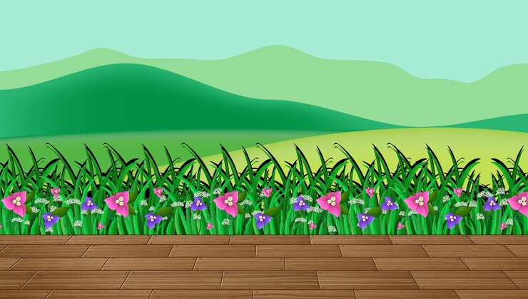 Vetor grátis campo de flores e grama verde com cenário de montanha