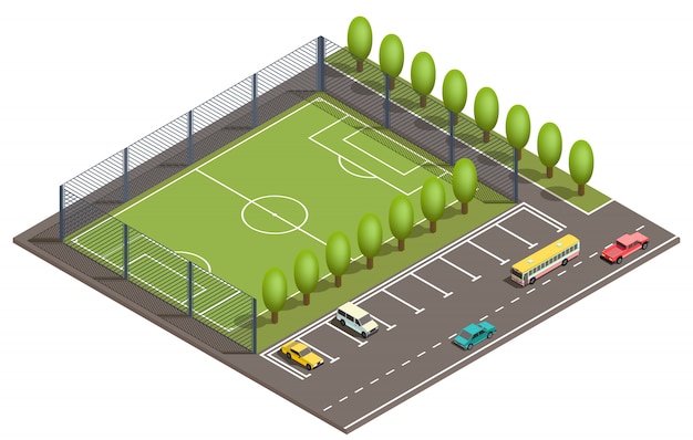 Campo de futebol 3d isométrico, estacionamento