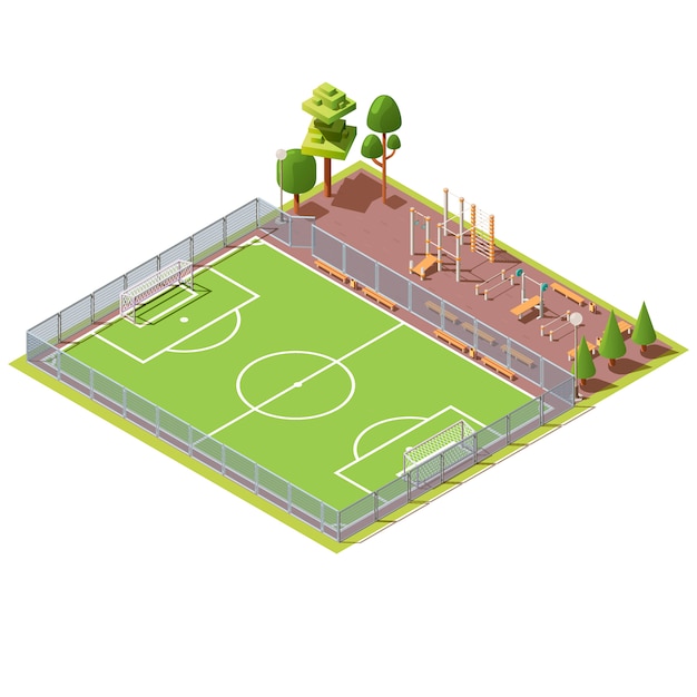Vetor grátis campo de futebol isométrico com área de treino