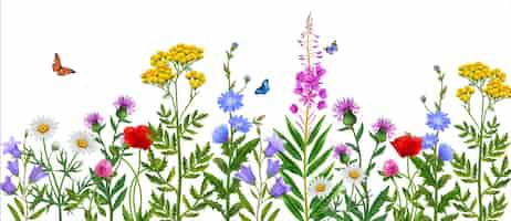 Vetor grátis campo realista de flores silvestres com flores coloridas e ilustração vetorial de borboletas