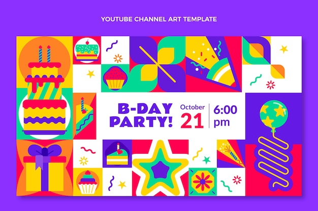 Canal do youtube de aniversário em mosaico de design plano