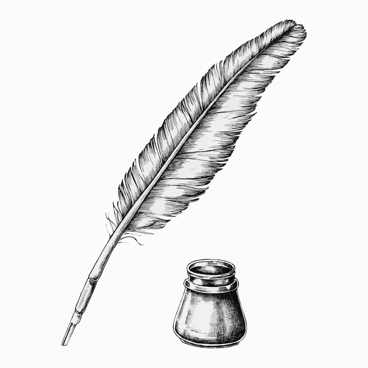 Vetor grátis caneta de pena desenhada à mão com um tinteiro