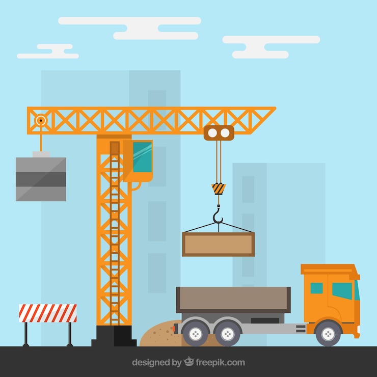 Vetor grátis canteiro de obras com um guindaste e um caminhão