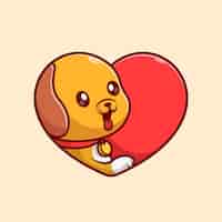 Vetor grátis cão bonito com ilustração do ícone do vetor dos desenhos animados do coração do amor. conceito de ícone de natureza animal isolado plano