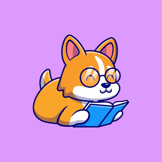 Vetor grátis cão bonito corgi lendo livro cartoon icon ilustração vetorial. conceito de ícone de educação animal isolado vetor premium. estilo flat cartoon