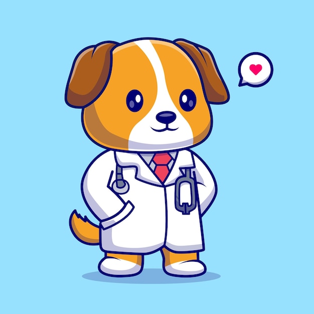 Cão bonito médico com estetoscópio dos desenhos animados ícone ilustração vetorial ícone de saúde animal isolado