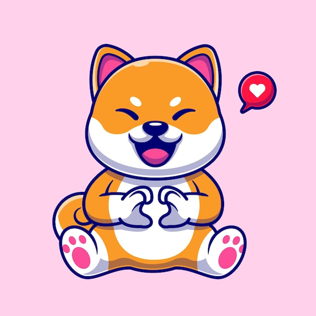 Cão bonito shiba inu com ilustração de ícone do vetor dos desenhos animados da mão do sinal do coração. conceito de ícone de natureza animal isolado vetor premium. estilo flat cartoon