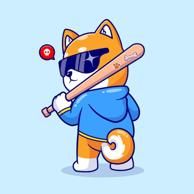 Cão bonito shiba inu segurando o bastão de beisebol ilustração vetorial de ícone dos desenhos animados. esporte animal isolado plano