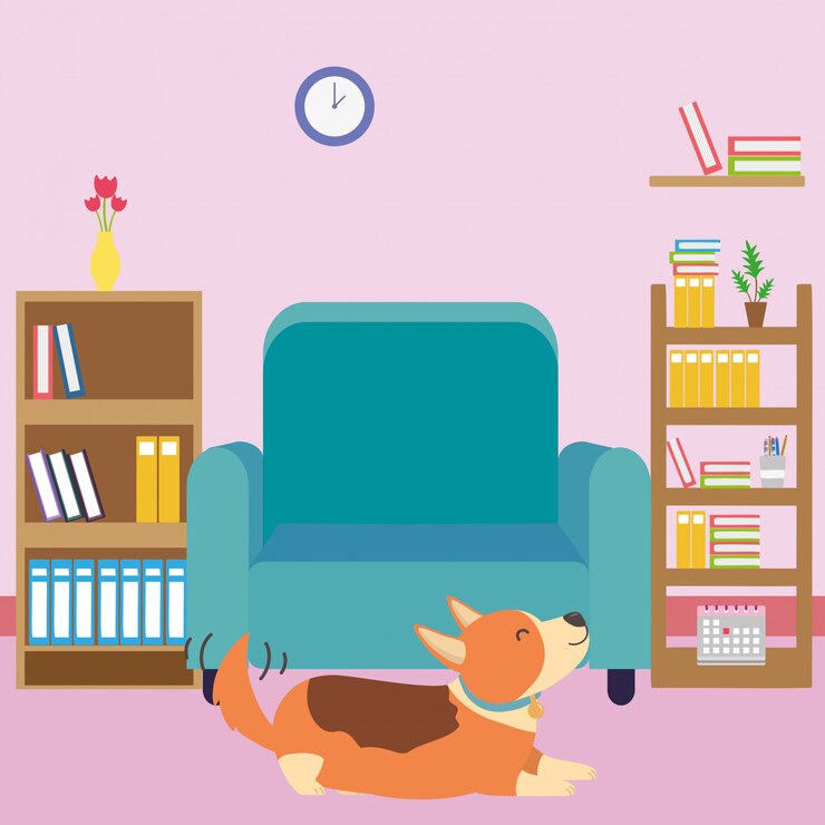 Vetor grátis cão dos desenhos animados na sala de estudo