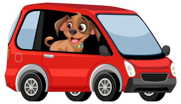 Cão feliz a conduzir um carro vermelho