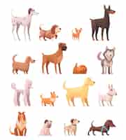 Vetor grátis cão gera coleção de ícones dos desenhos animados retrô com ilustração em vetor husky poedel collie pastor e cachorro dachshund isolado