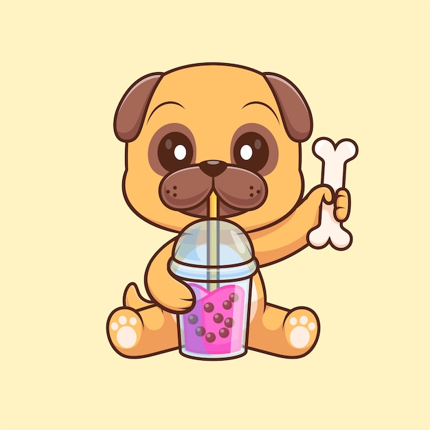 Vetor grátis cão pug bonito bebendo chá de leite de boba com osso ilustração de ícone vetorial de desenho animado bebida animal isolada