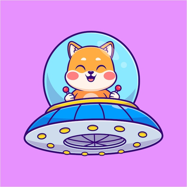 Vetor grátis cão shiba inu bonito conduzindo ufo espaçonave desenhos animados ilustração vetorial ícone tecnologia animal plana