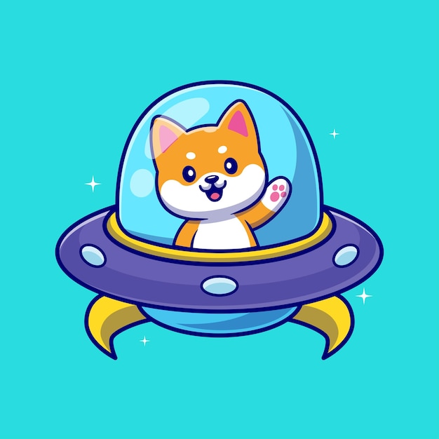 Vetor grátis cão shiba inu bonito conduzindo ufo espaçonave desenhos animados ilustração vetorial ícone tecnologia animal plana