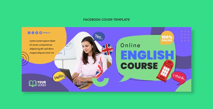 Vetor grátis capa de facebook de aulas de inglês de design plano
