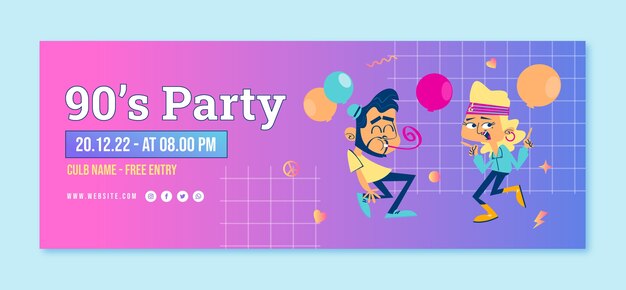 Capa de facebook de festa dos anos 90 de desenho gradiente