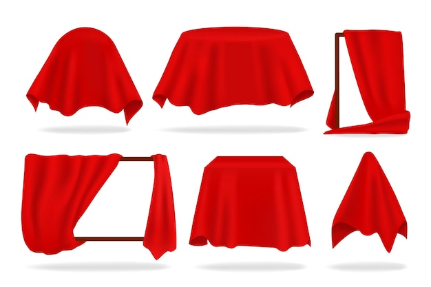 Capa de seda vermelha. objetos realistas cobertos com pano drapeado ou revelam cortina, guardanapo vermelho ou toalha de mesa