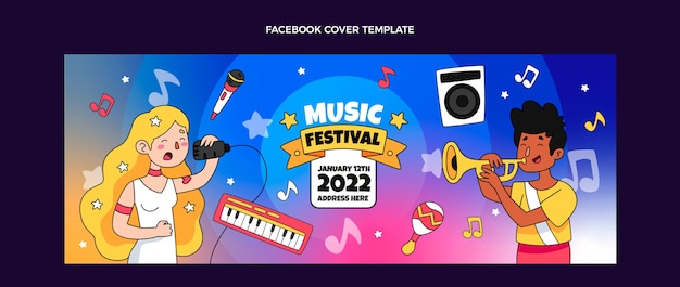 Capa do facebook do festival de música colorida desenhada à mão