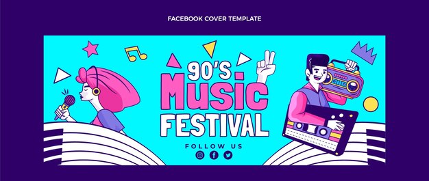 Capa do facebook do festival de música nostálgica desenhada à mão dos anos 90