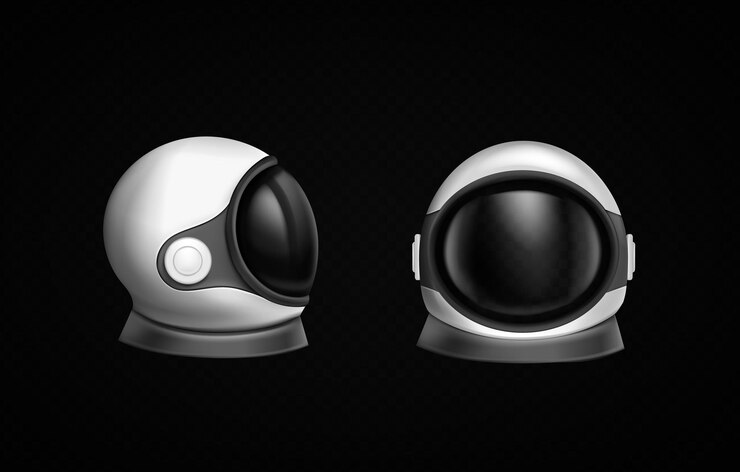 Vetor grátis capacete de astronauta cosmonauta traje espacial vista frontal e lateral isolada no preto