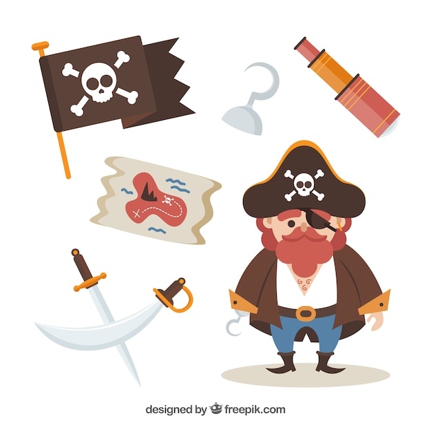 Vetor grátis capitão, pirata, personagem, elementos