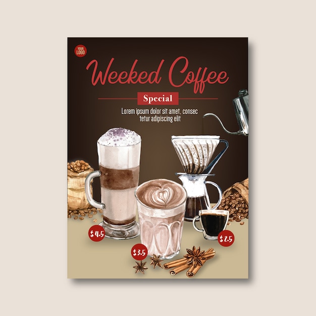 Cappuccino, café expresso café cartaz desconto, modelo, ilustração de aquarela