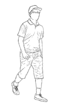 Cara de menino anda em uma camiseta de boné e calções em tênis doodle linear