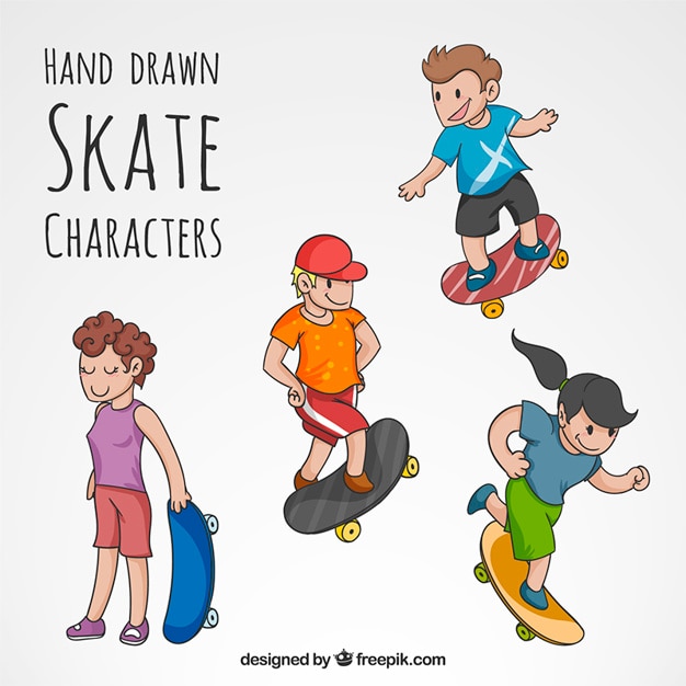 Caracteres de skate desenhados mão