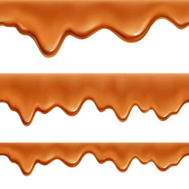 Caramelo derretido caramelo doce revestimento de salsicha 3 realista apetitoso fronteira decorativa apetitosos padrões conjunto isolados