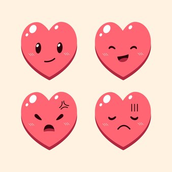Caras de personagem de coração fofo de desenho vetorial mostrando emoções diferentes para design.