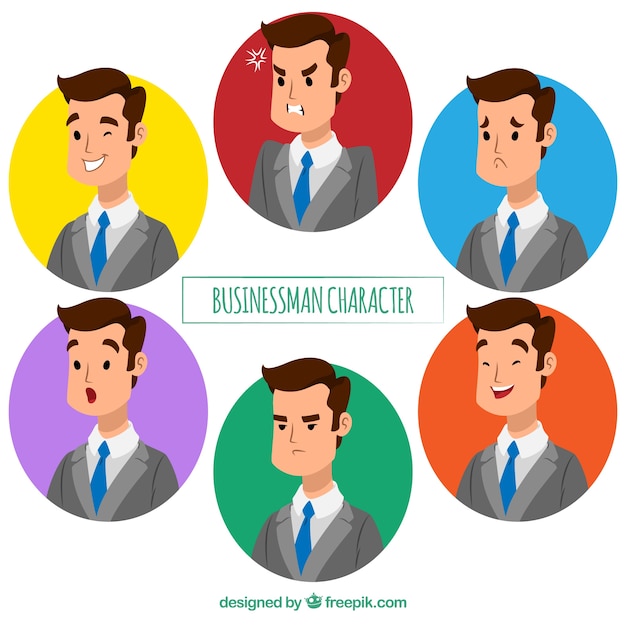 Vetor grátis caráter colorido homem de negócios com expressões faciais