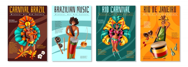 Vetor grátis carnaval brasileiro anual festival celebrações realistas cartazes coloridos conjunto com ilustração em vetor isoladas trajes instrumentos musicais tradicionais