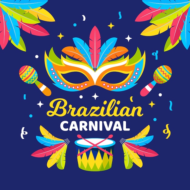 Carnaval brasileiro plano com máscaras e instrumentos musicais