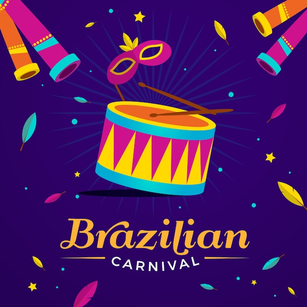 Carnaval brasileiro plano com tambor e letras