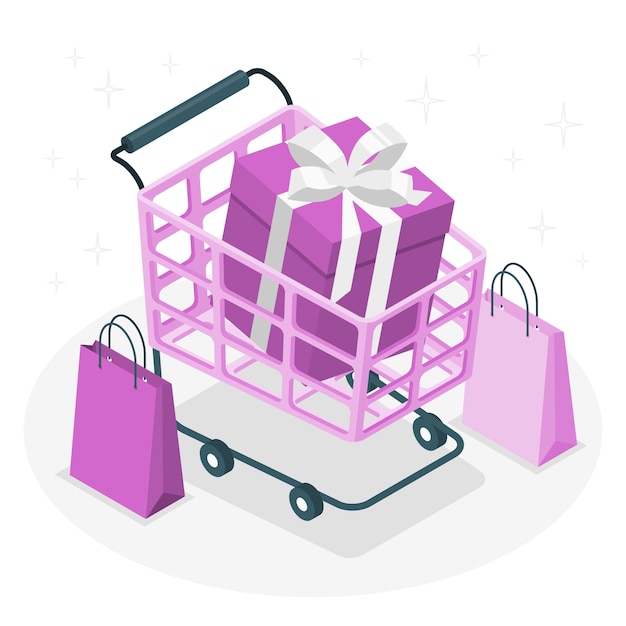 Vetor grátis carrinho de compras com ilustração do conceito de sacolas e presentes