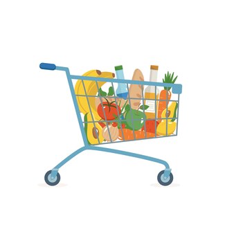 Carrinho de compras completo supermercado de loja de alimentos conjunto de produtos frescos saudáveis e naturais